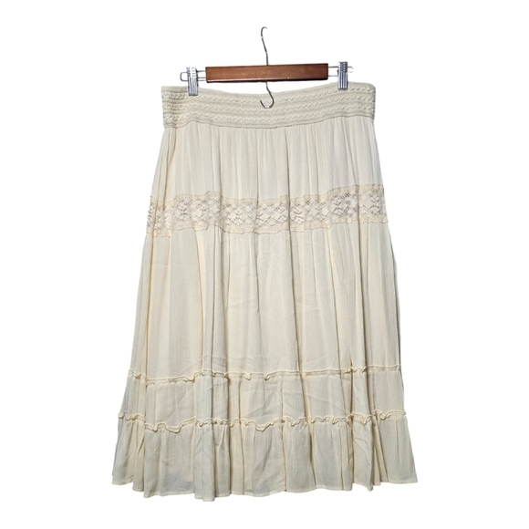 Reba Cream Boho Western Midi A-line Skirt with Smocked and Tiered Design - Picture 1 of 5